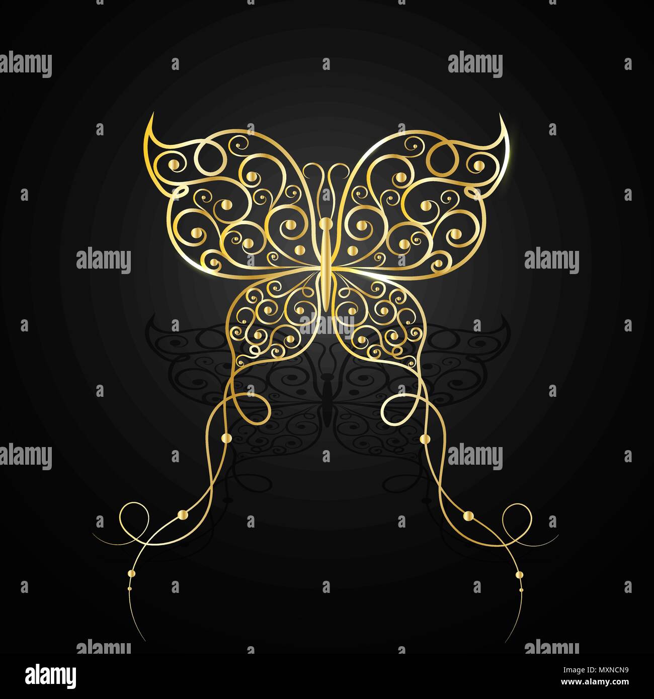 Gold butterfly with swirl pattern. Stock Vector