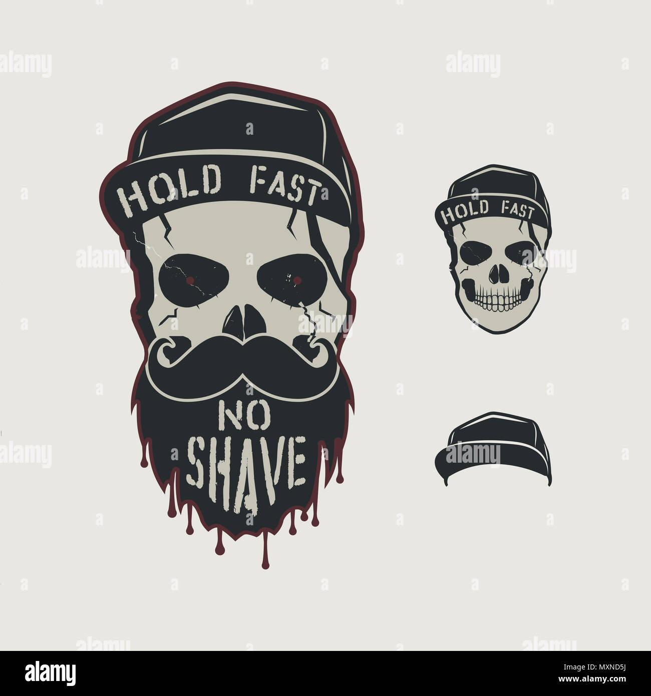 Skull head character. VIntage hand drawn design with cap, beard