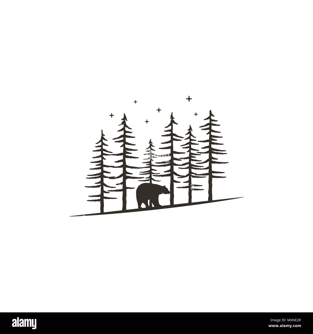 Vintage hand drawn forest concept with bear. Black monochrome design for  prints, t shirts, travel mugs, tattoo. Retro hipster adventure style. Stock  illustration isolated on white background Stock Photo - Alamy