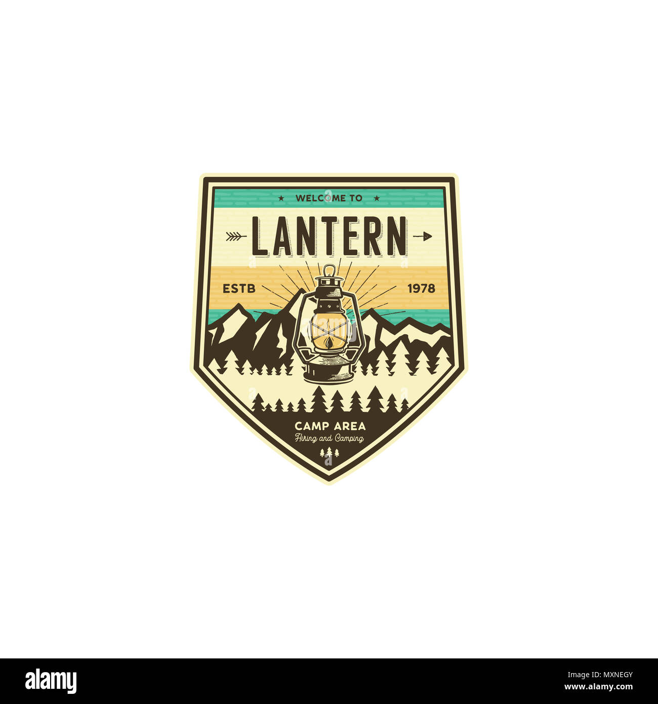 Camping and hiking vintage badge. Mountain explorer label. Outdoor adventure logo design with lantern. Travel and hipster insignia. Wilderness, forest camping emblem. Hiking, backpack. Stock  Stock Photo