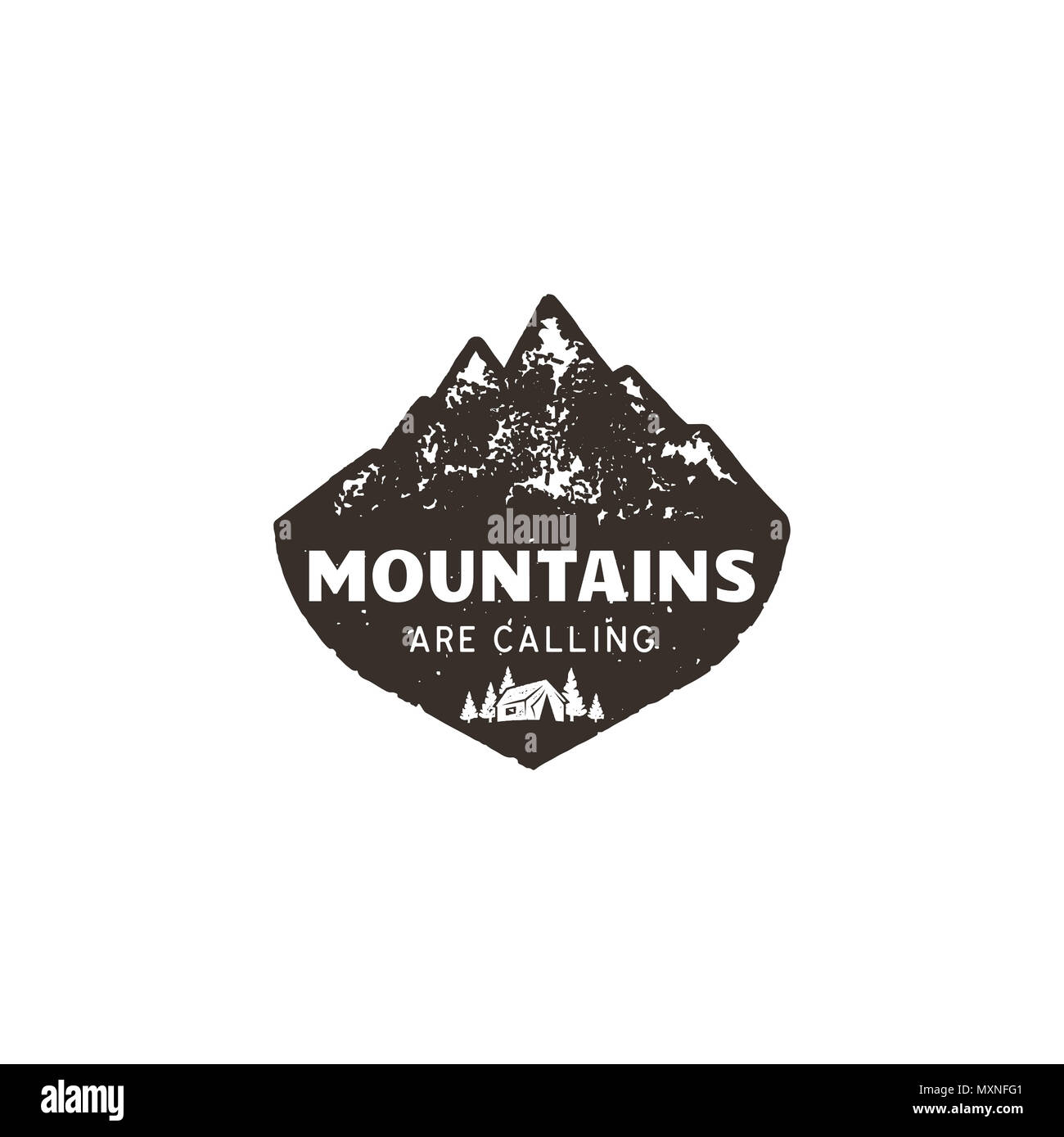 Vintage hand drawn mountain logo. The great outdoor patch. Mountains are calling sign quote. Monochrome and grunge letterpress effect. Stock mountain logo isolate on white background Stock Photo