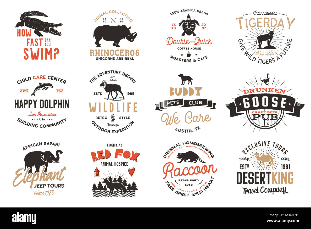 Wild animal Badges set and great outdoors activity insignias. Retro  illustration of animal badges. Typographic camping style. wild Animal logos  with letterpress effect. Explorer quotes Stock Photo - Alamy