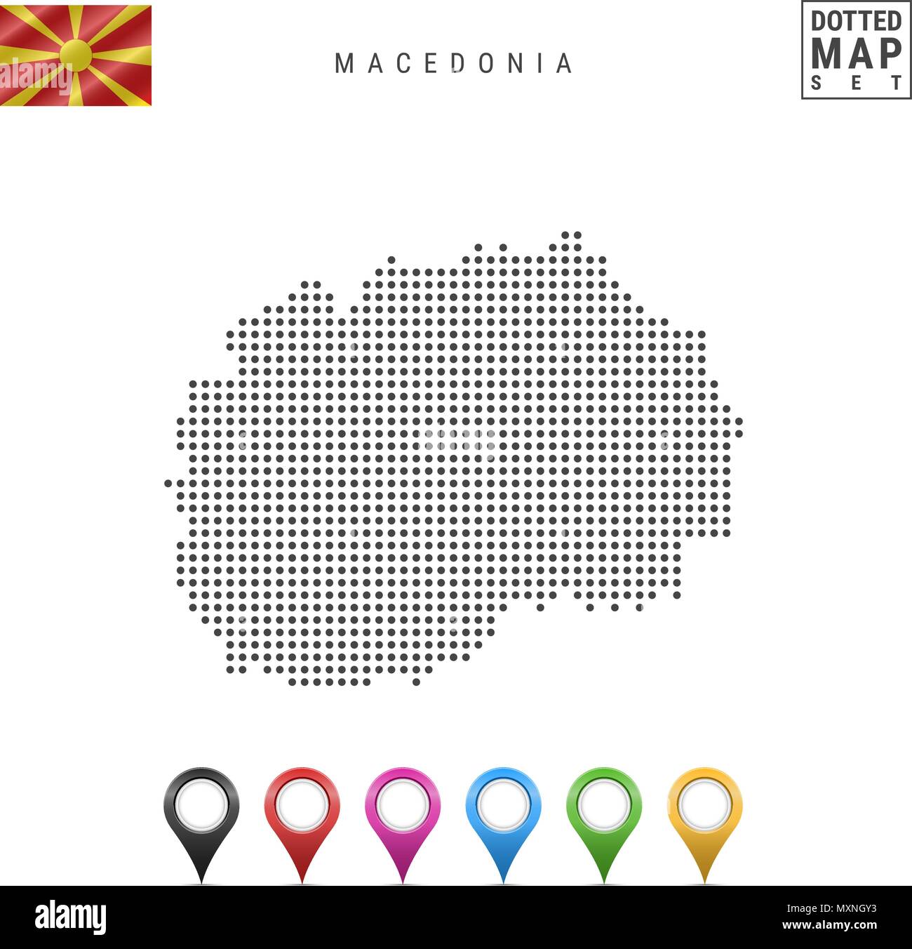 Vector Dotted Map of Macedonia. Simple Silhouette of Macedonia. National Flag of Macedonia. Multicolored Map Markers Stock Vector
