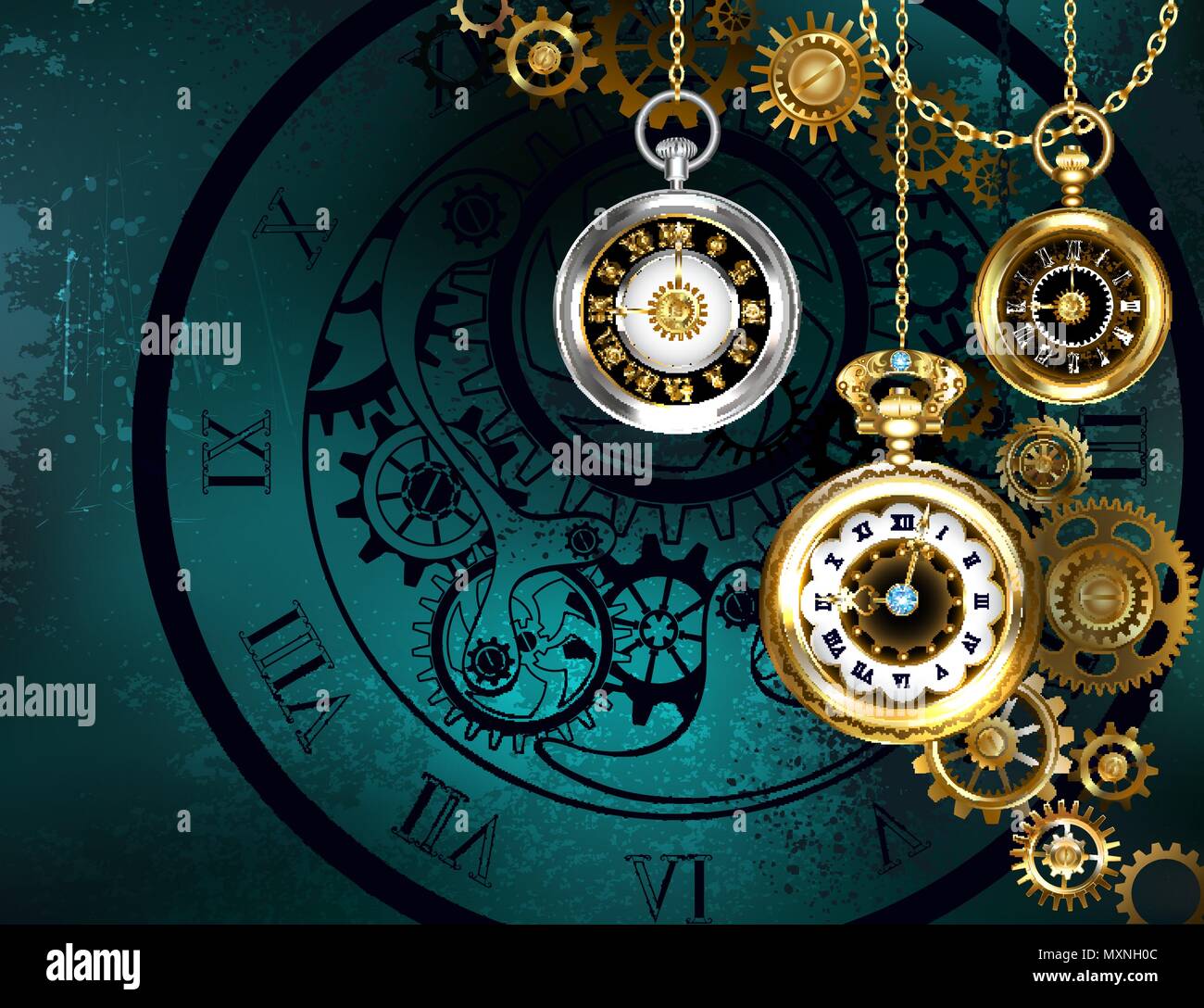 Jewelery, antique clock with gold chains on green textured background. Stock Vector