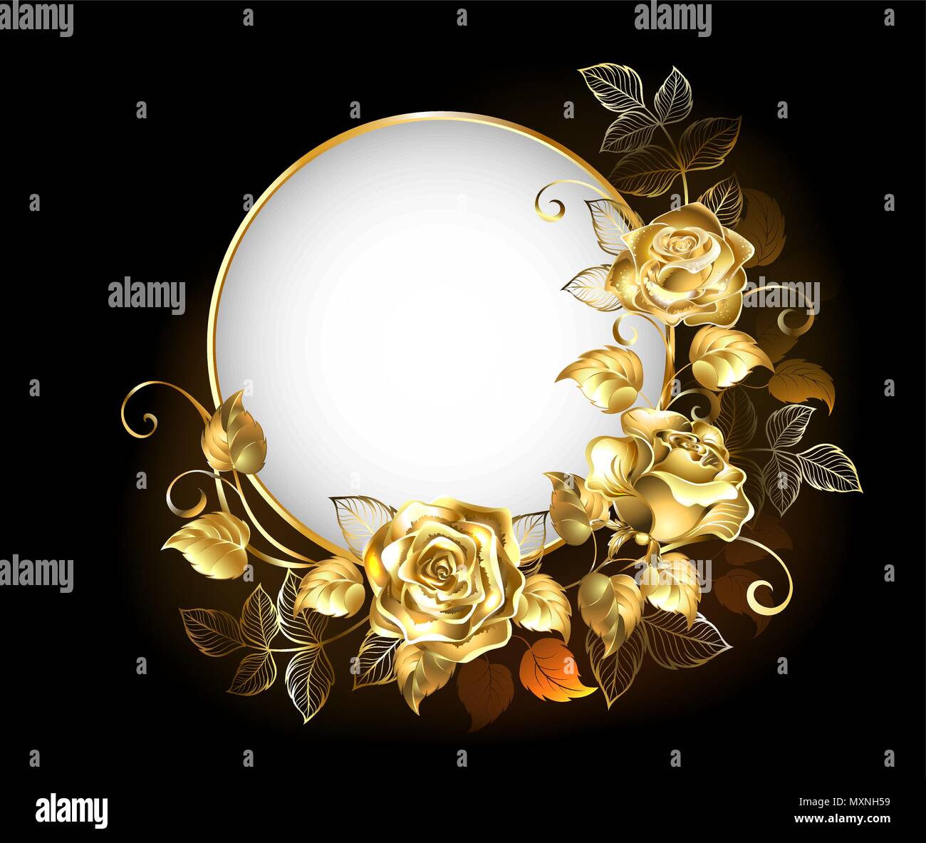 Round, white banner with gold, jewelry roses on black background. Stock Vector