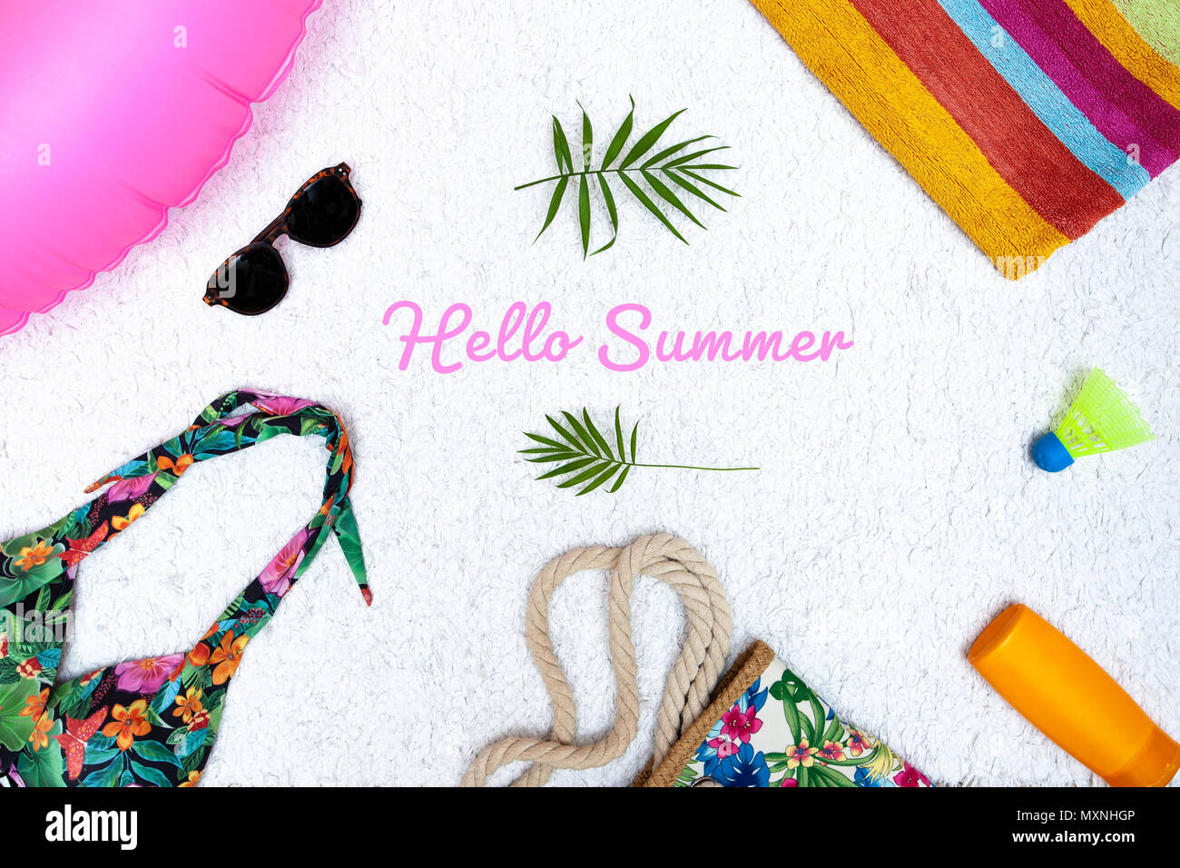 Vacation style postcard concept with Hello Summer title text and summer ...