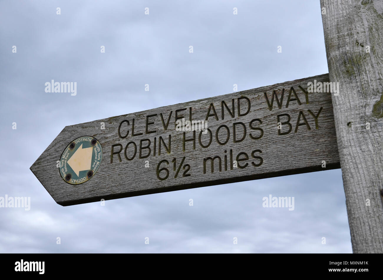 A Cleveland Way footpath sign at Whitby on the North Yorkshire moors national park Stock Photo