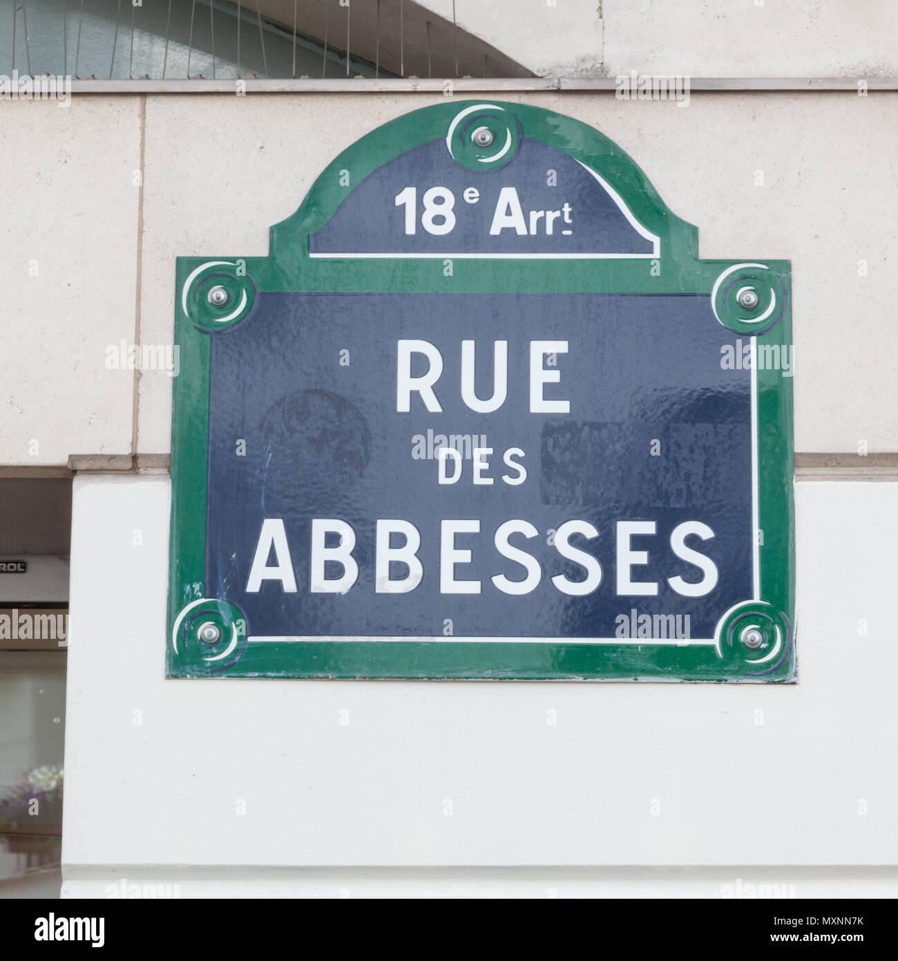 Rue Des Abbesses street sign, Paris, France. Stock Photo
