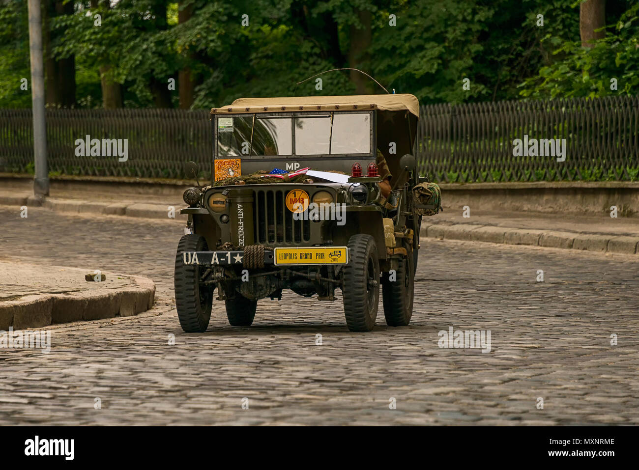 Lviv, Ukraine - June 3, 2018:Old retro car Jeep Willys &quot;Military Police&quot; taking participation in ...
