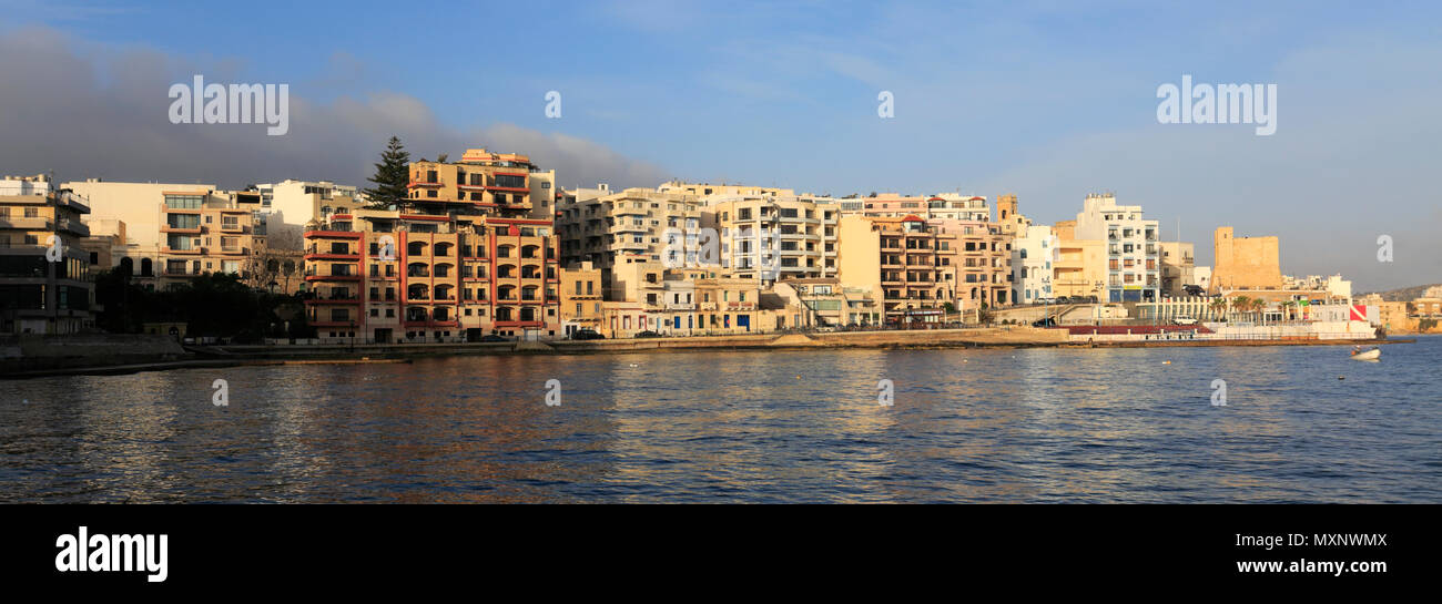 Summer view over Bugibba promenade, Saint Pauls Bay, Bugibba town, Malta Stock Photo