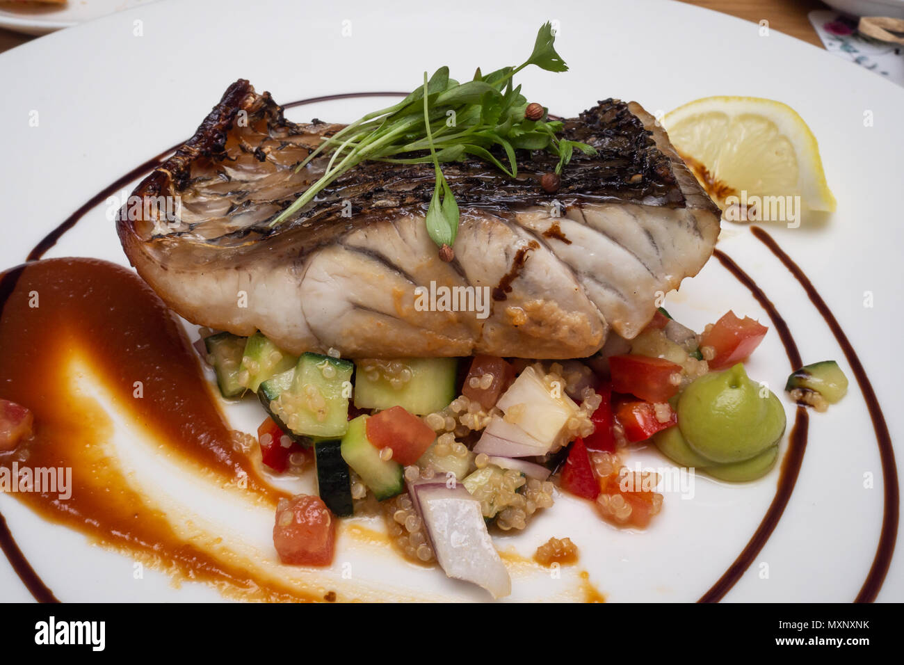 Fine food: Grilled barramundi on a bed of fresh tomato, cucumber and quinoa Stock Photo
