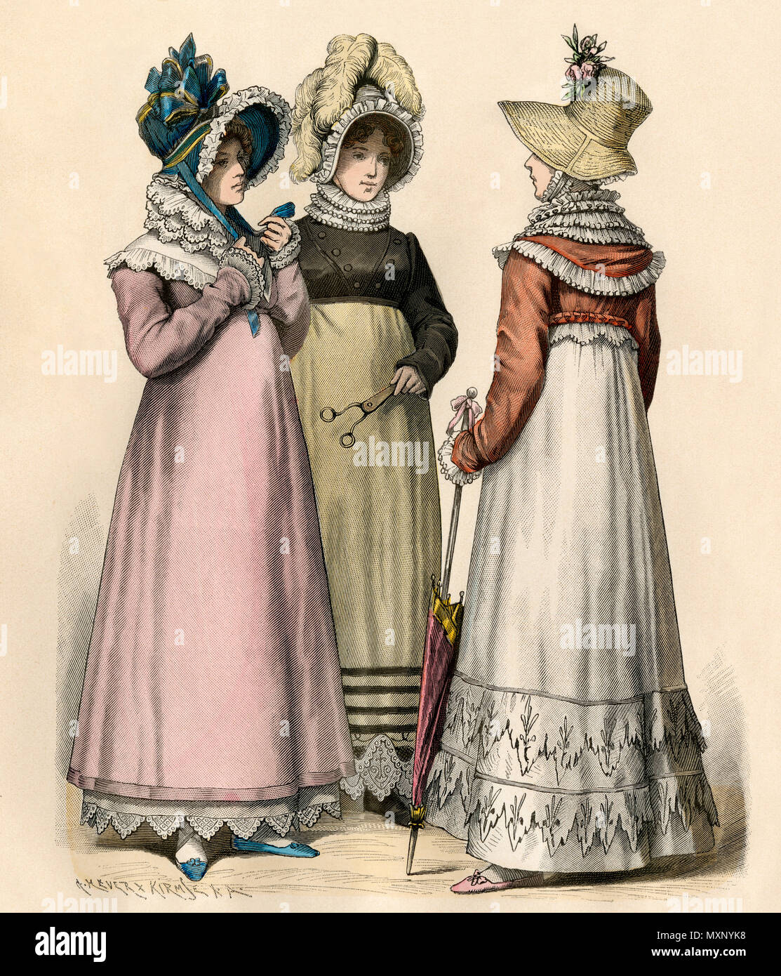 Ladies in fashions of 1814. Hand-colored print Stock Photo