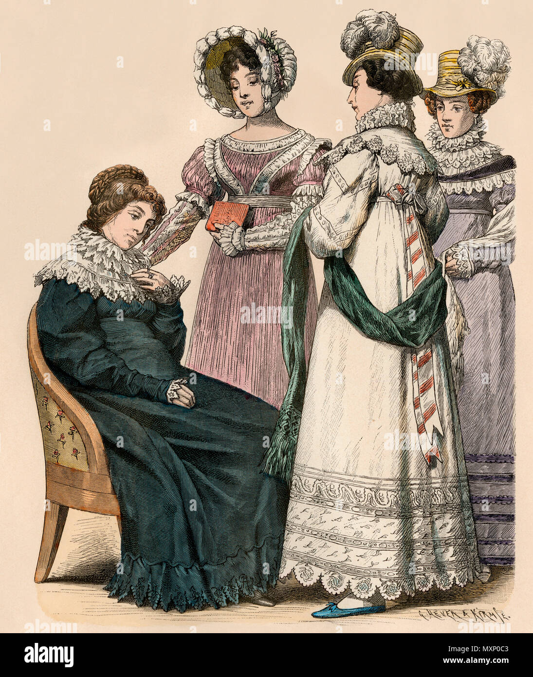 European ladies in the fashions of 1819. Hand-colored print Stock Photo