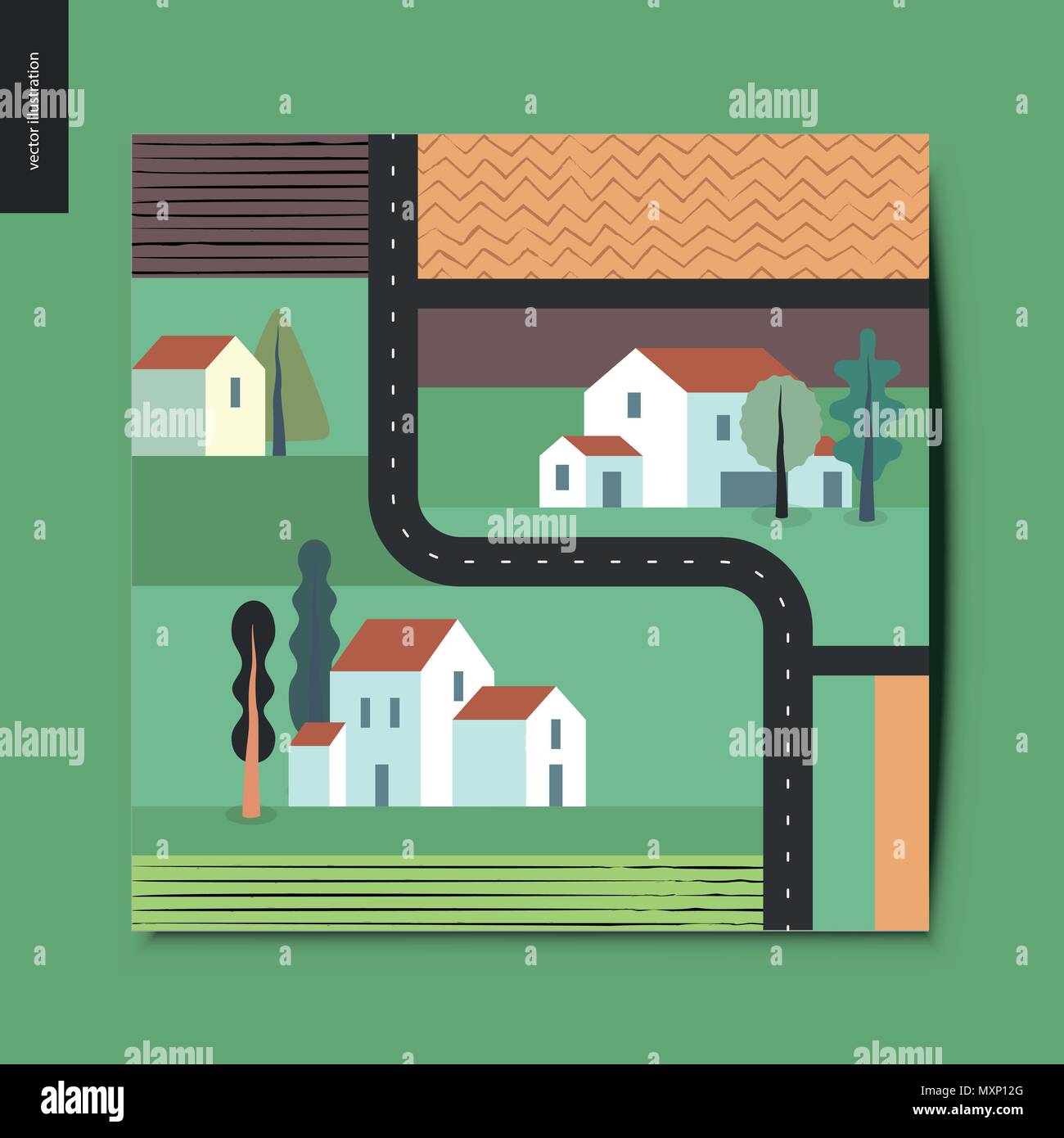 Simple things - top view, satellite shoot of a out-of-town street with detached country houses, trees, fields and plowed fields around, and asphalt bl Stock Vector