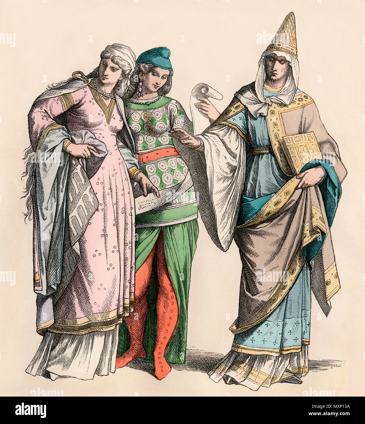 Women and a noblewoman of Normandy, 12th century. Hand-colored print Stock Photo