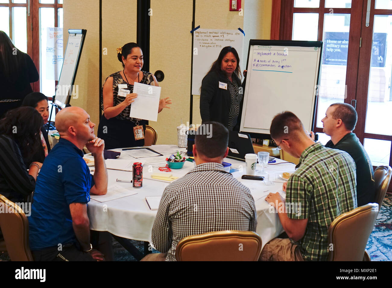 Jennifer Rodriguez with ACS and delegates discuss changing Department of the Army policy to extend emotional intelligence training to military family members. During the conference, delegates drafted six proposed initiatives to send to the U.S. Army Installation Management Command. Stock Photo