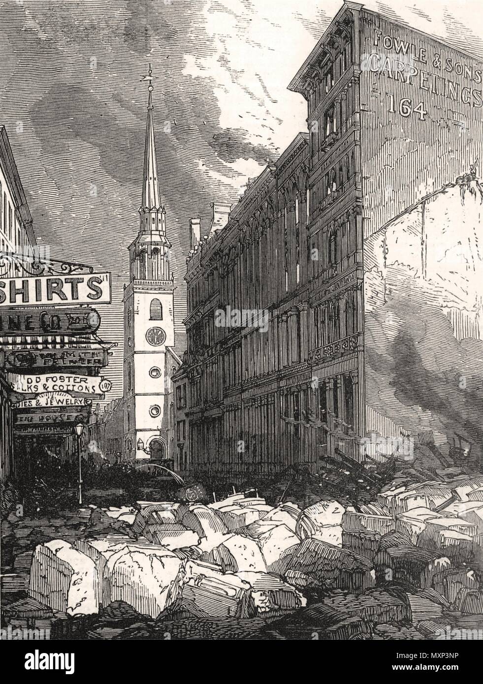 Boston great fire Washington-Street & the old South Church. Massachusetts 1872. The Illustrated London News Stock Photo