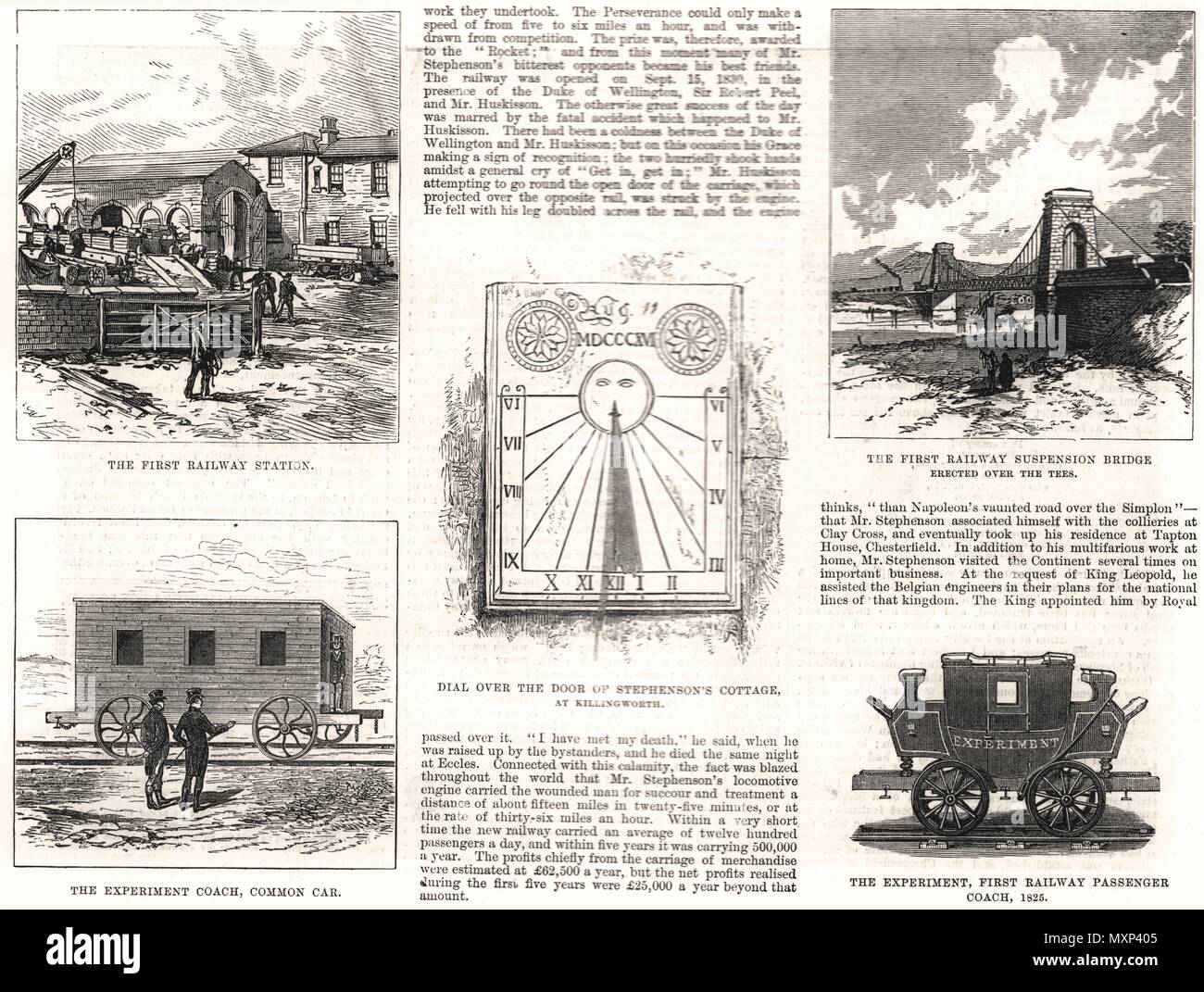 George Stephenson. The first railway station, bridge & passenger coach 1881. The Illustrated London News Stock Photo