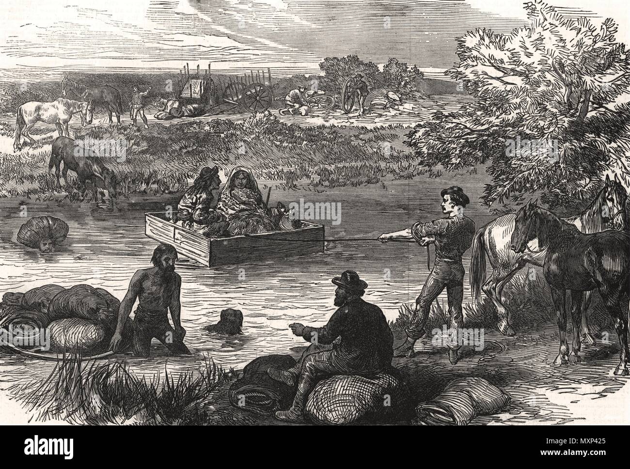 Half-breeds crossing a river in North America. Warwickshire 1874. The Illustrated London News Stock Photo