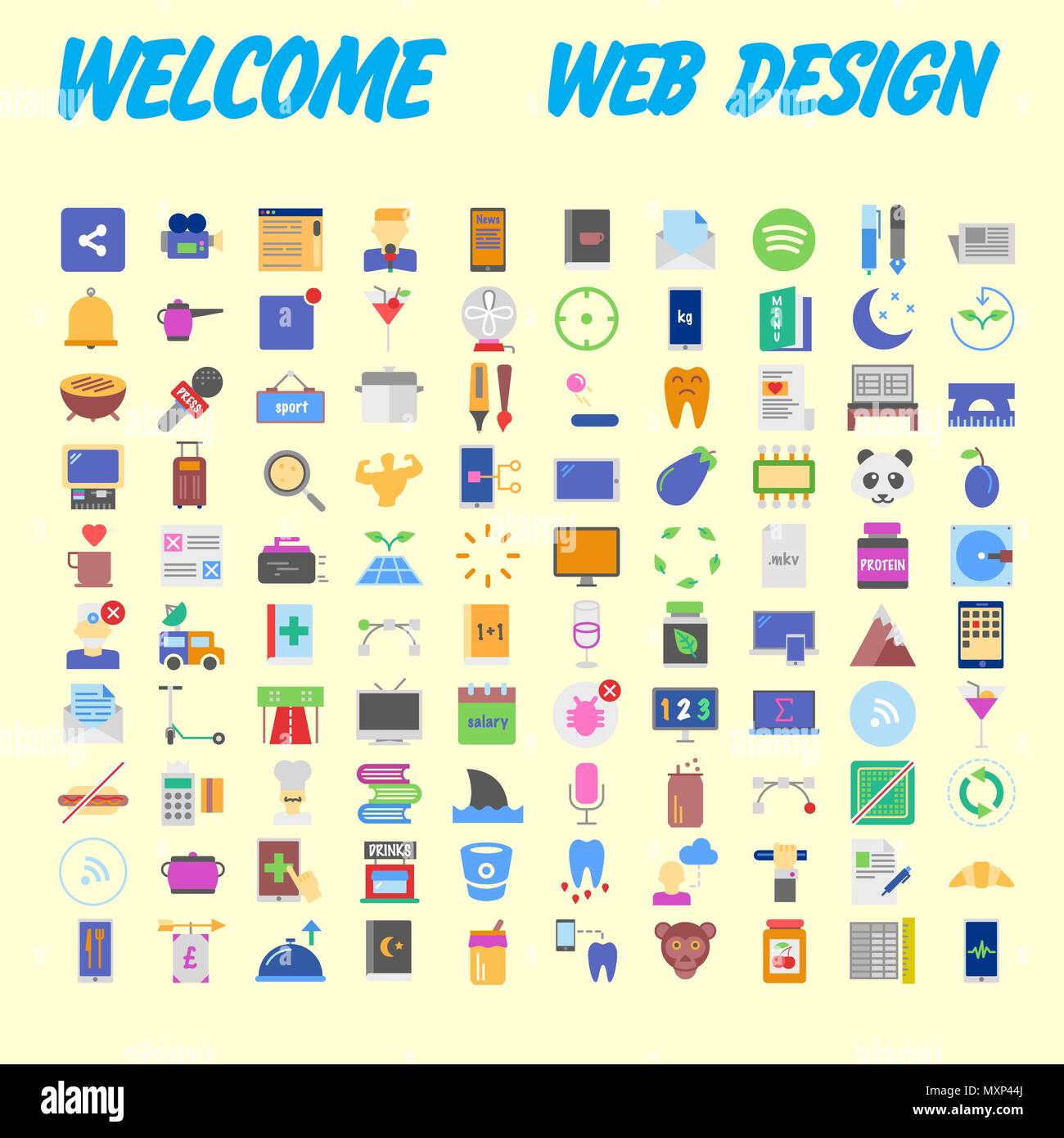 100 icon set. Trendy thin and simple icons for Web and Mobile. Light version. Vector illustration Stock Vector