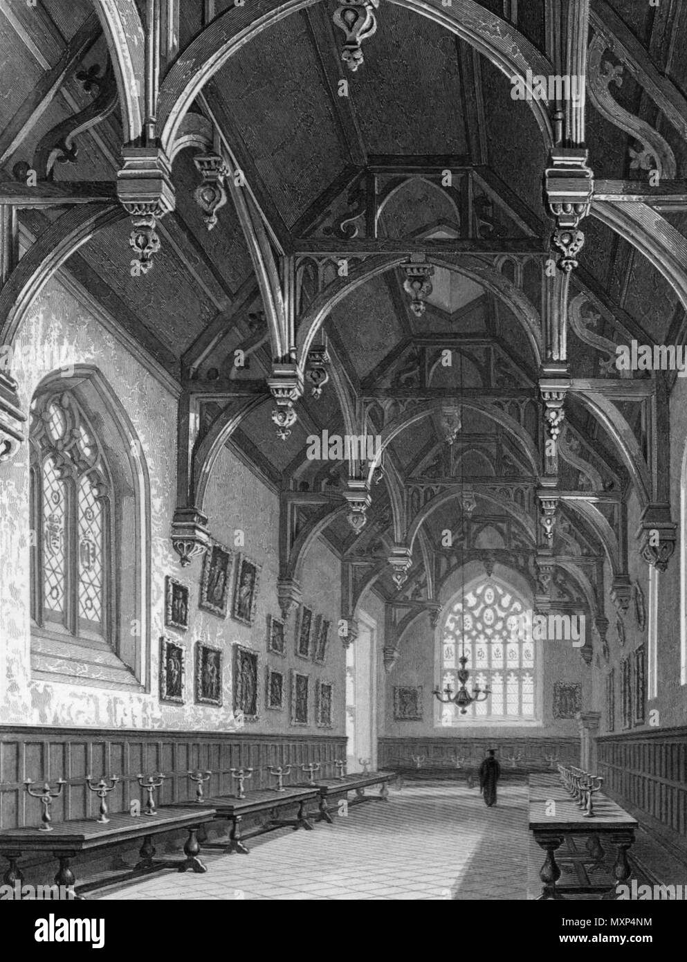 The hall of Wadham College, Oxford, by John Le Keux 1837 old antique print Stock Photo