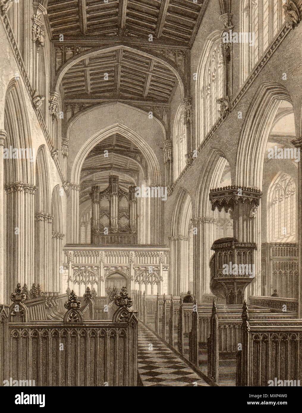 Interior of Saint Mary the Virgin church, Oxford, by John Le Keux 1837 print Stock Photo
