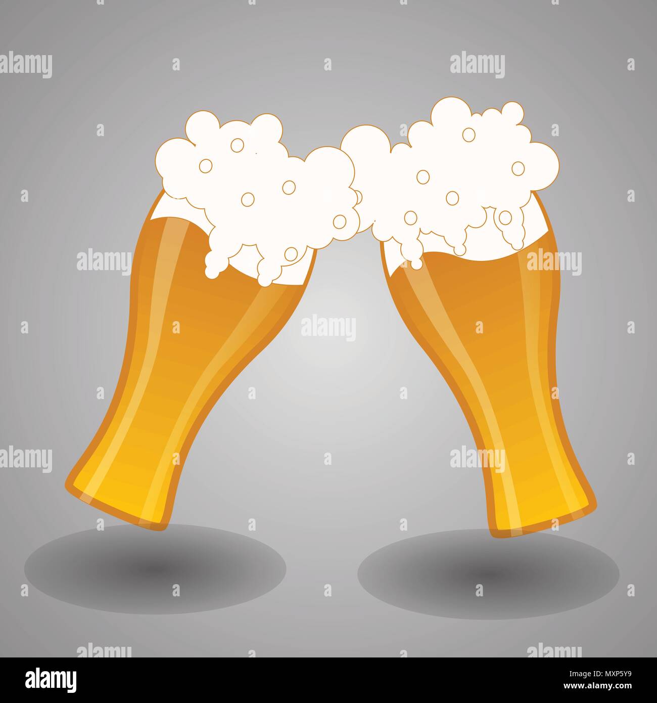 Glass filled of golden light beer with overflowing froth heads. Stock Vector