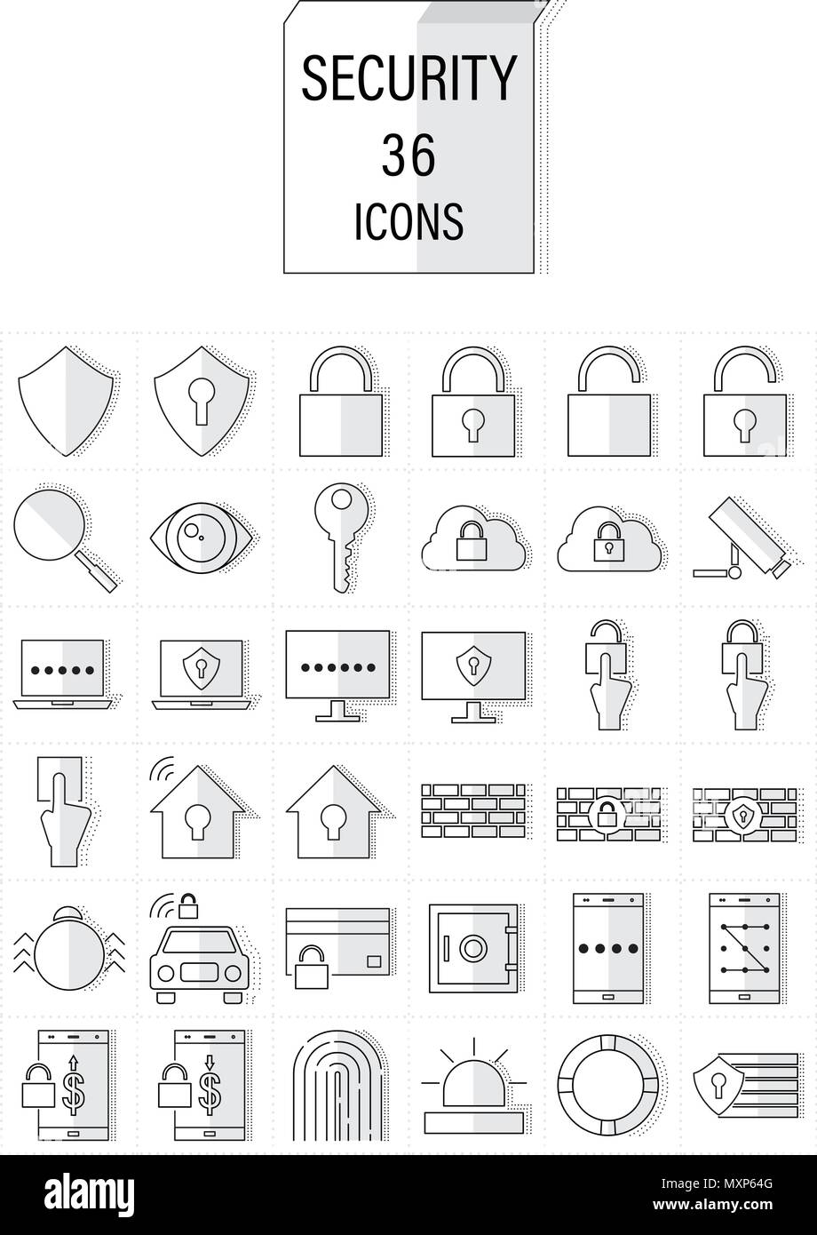 Set of Security, Mix Flat Icons With Dotted Line Shadow Effect.Editable ...