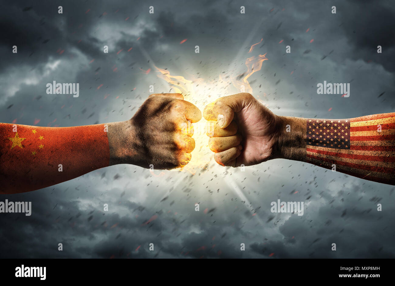 Close up clash of two fists. Conflict Concept Stock Photo