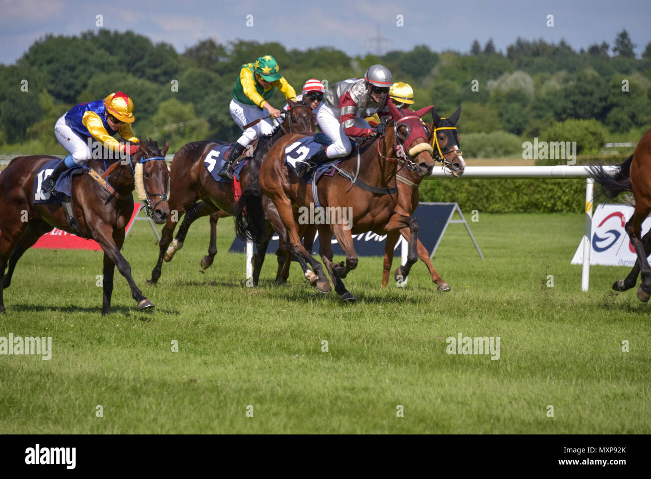 Horse Race Baden-Baden, 2nd June, 2018, the Spring Event of Baden Racing, horses running and fighting on the course, Lauf zur Sport Welt Amateur-Trophy Stock Photo