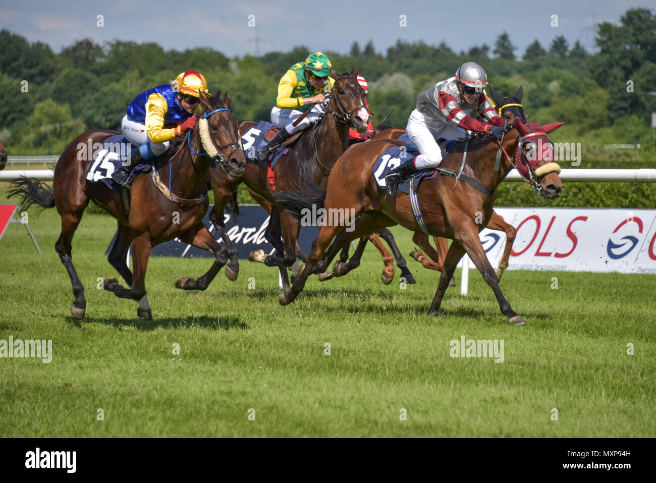 Horse Race Baden-Baden, 2nd June, 2018, the Spring Event of Baden Racing, horses running and fighting on the course, Lauf zur Sport Welt Amateur-Trophy Stock Photo