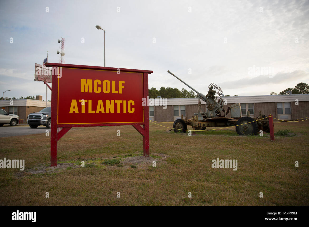 A sign reads MCOLF Atlantic during a chemical, biological, radiological, nuclear (CBRN) field training exercise at Atlantic Airfield, N.C., Nov. 29, 2016. The field training exercise was conducted to maintain operational readiness. (U.S. Marine Corps photo by Cpl. Austin A. Lewis) Stock Photo