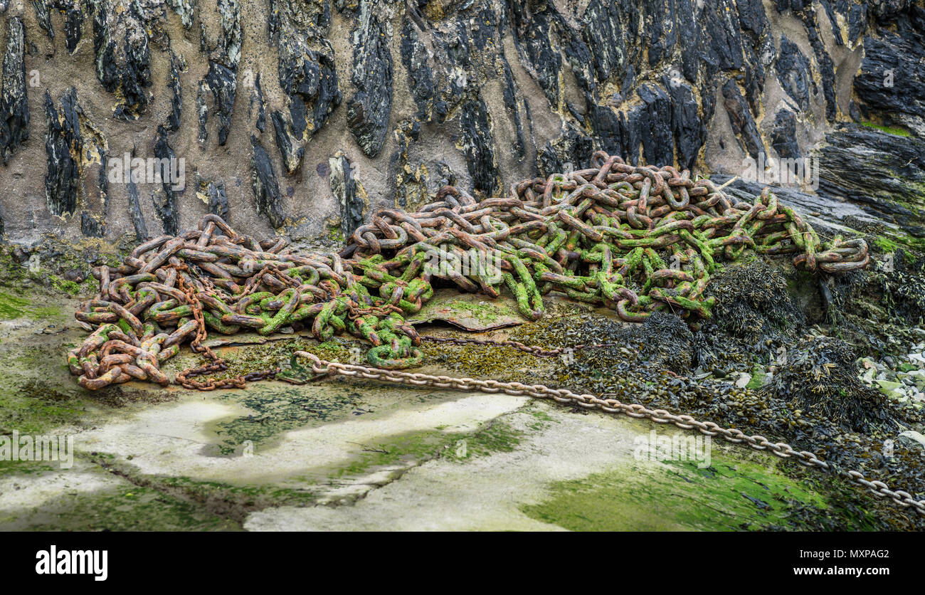 Old, rusty iron chain covered in seaweed on  a harbour. Stock Photo