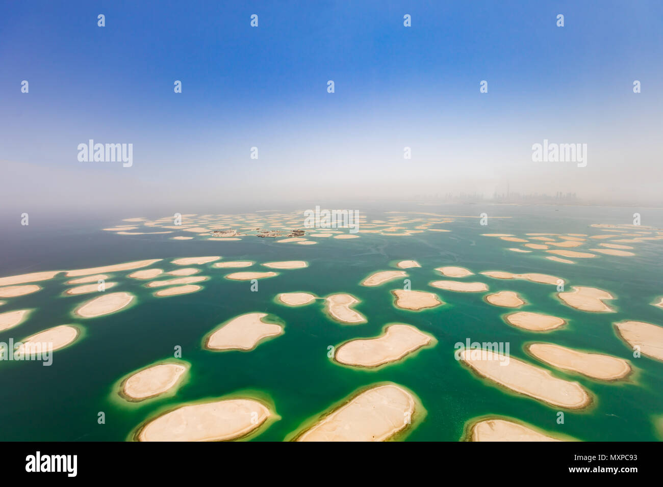 Aerial view of artificial World island in Dubai. Panoramic view Stock