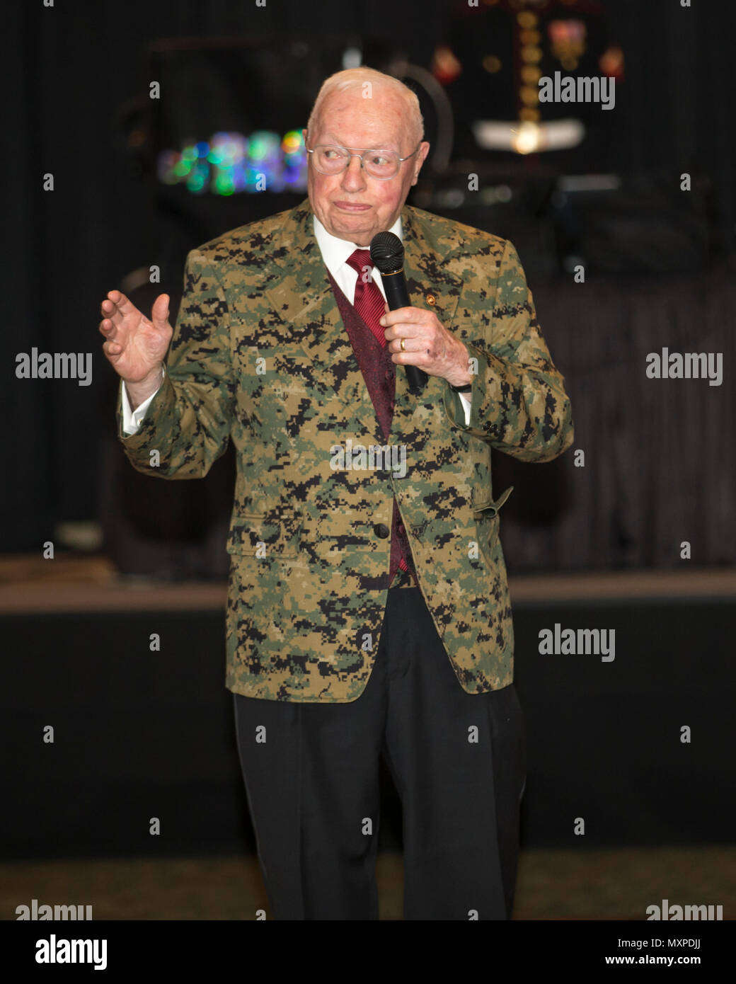 The 29th Commandant of the Marine Corps Gen. Alfred Gray (ret.), speaks to Marines and guests during Marine Corps Intelligence Activity’s 241st Marine Corps birthday ball ceremony at the Fredericksburg Expo and Conference Center in Fredericksburg, Va., Nov. 10, 2016. The Continental Marines were established on this date in 1775, and the United States Marine Corps celebrates every year with a traditional birthday ball and cake-cutting ceremony. (U.S. Marine Corps photo by Cpl. Jacqueline A. Garcia) Stock Photo