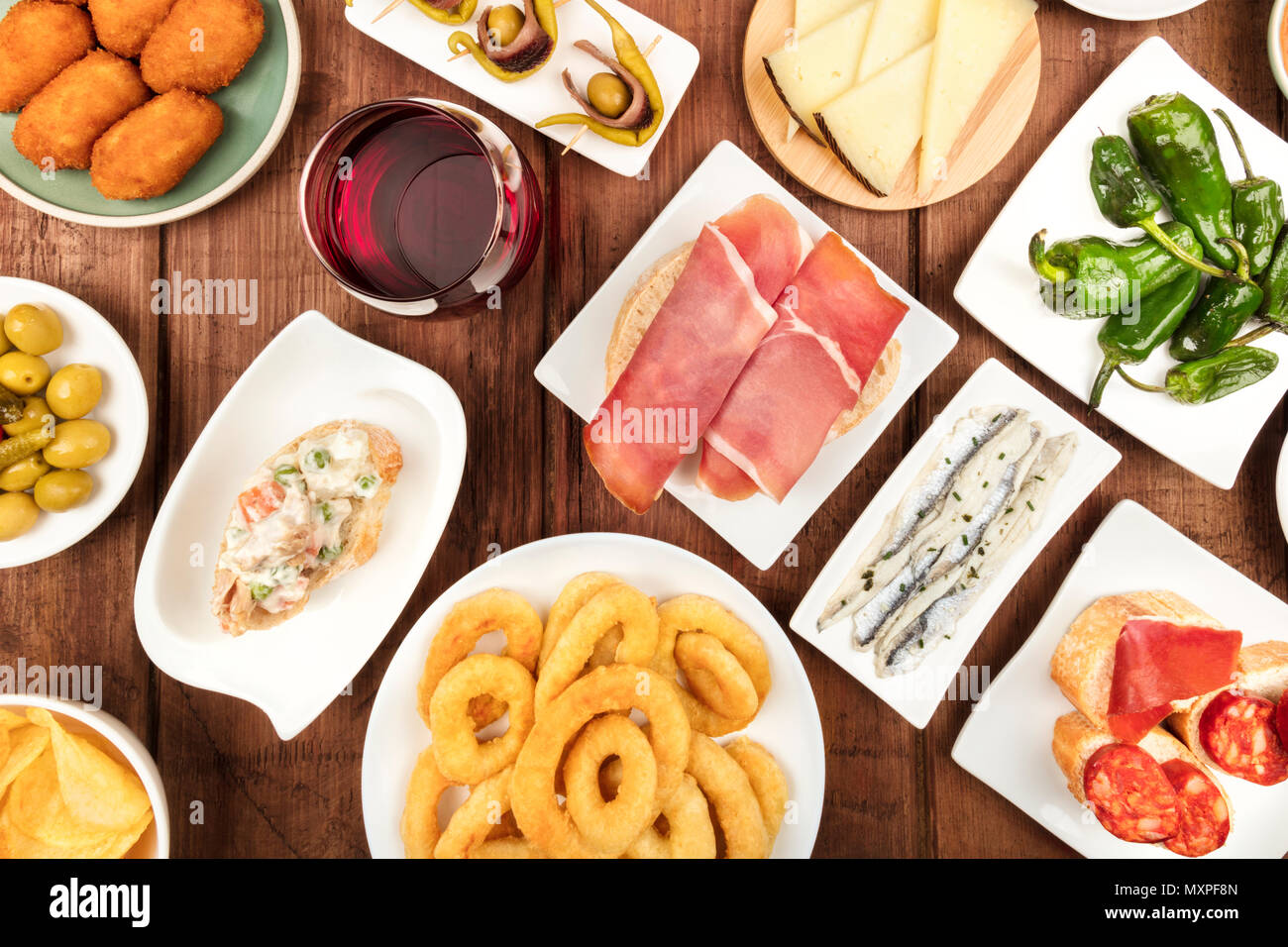 The food of Spain. An overhead photo of many different Spanish tapas