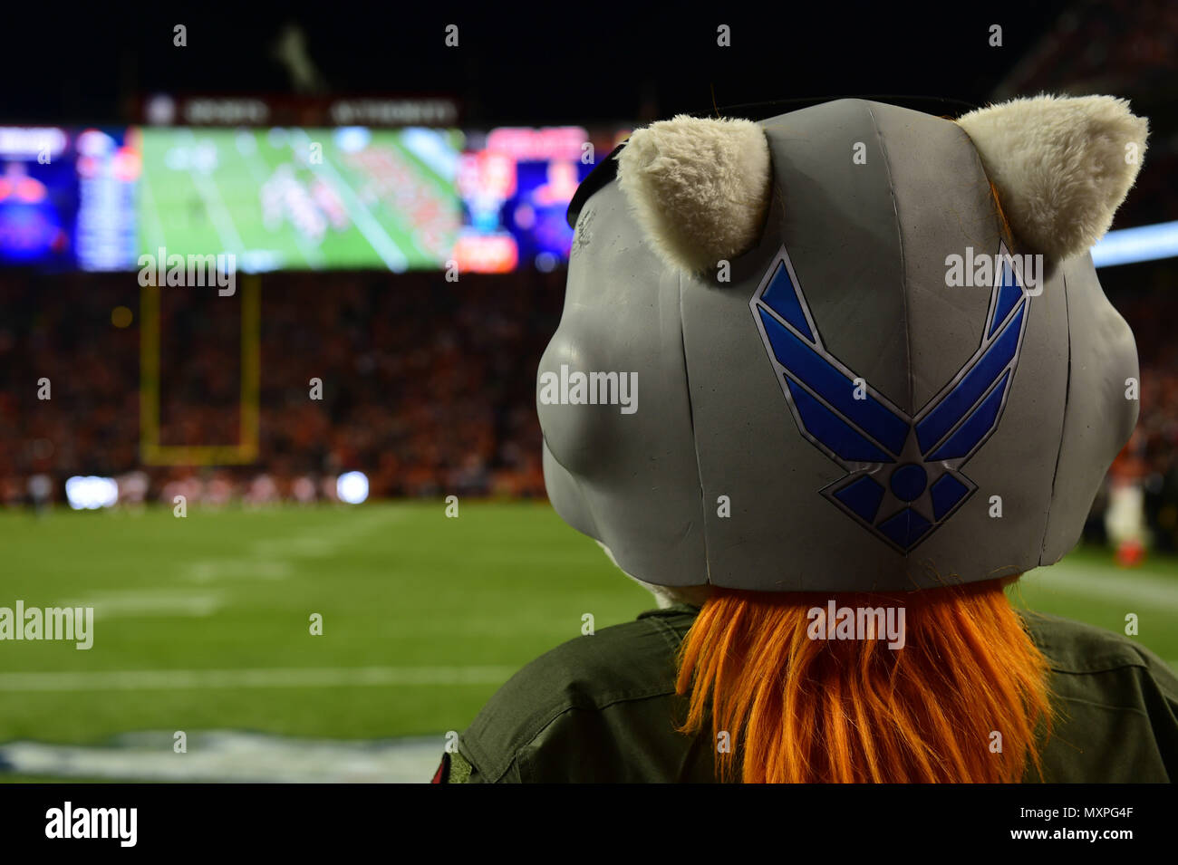Miles, the Denver Broncos mascot, watches the Broncos play the Kansas City Chiefs Nov. 27, 2016, during a Denver Broncos Salute to Service game Nov. 27, 2016, at Sports Authority Field at Mile High in Denver. The Denver Broncos participate in the Salute to Service campaign to honor veterans and active duty military members. (U.S. Air Force photo by Airman 1st Class Gabrielle Spradling/Released) Stock Photo