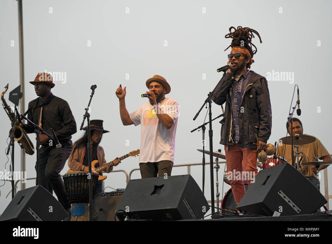 Brown Rice Family, a band from Brooklyn, played in Rockefeller Park at the Battery Park City 50th anniversary celebration on May 31, 2018. Stock Photo
