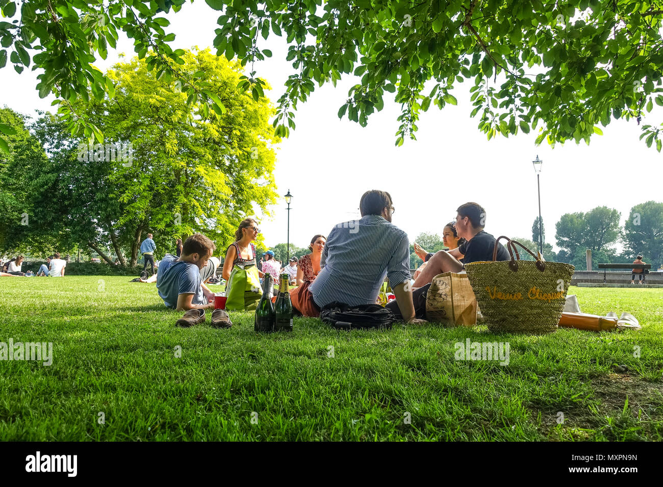 Friends enjoy the good weather and have a picnic in the park at