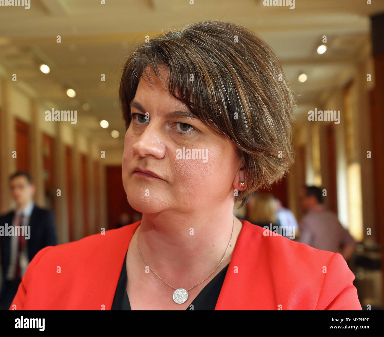 DUP Leader Arlene Foster speaks to the media at Stormont Parliament in Belfast, following her comments at the weekend about the party&acirc;€™s &quot;red line&quot; on customs arrangements post-Brexit, which were interpreted by some as a veiled threat to pull the plug on her party's confidence and supply deal with the Tories. Stock Photo