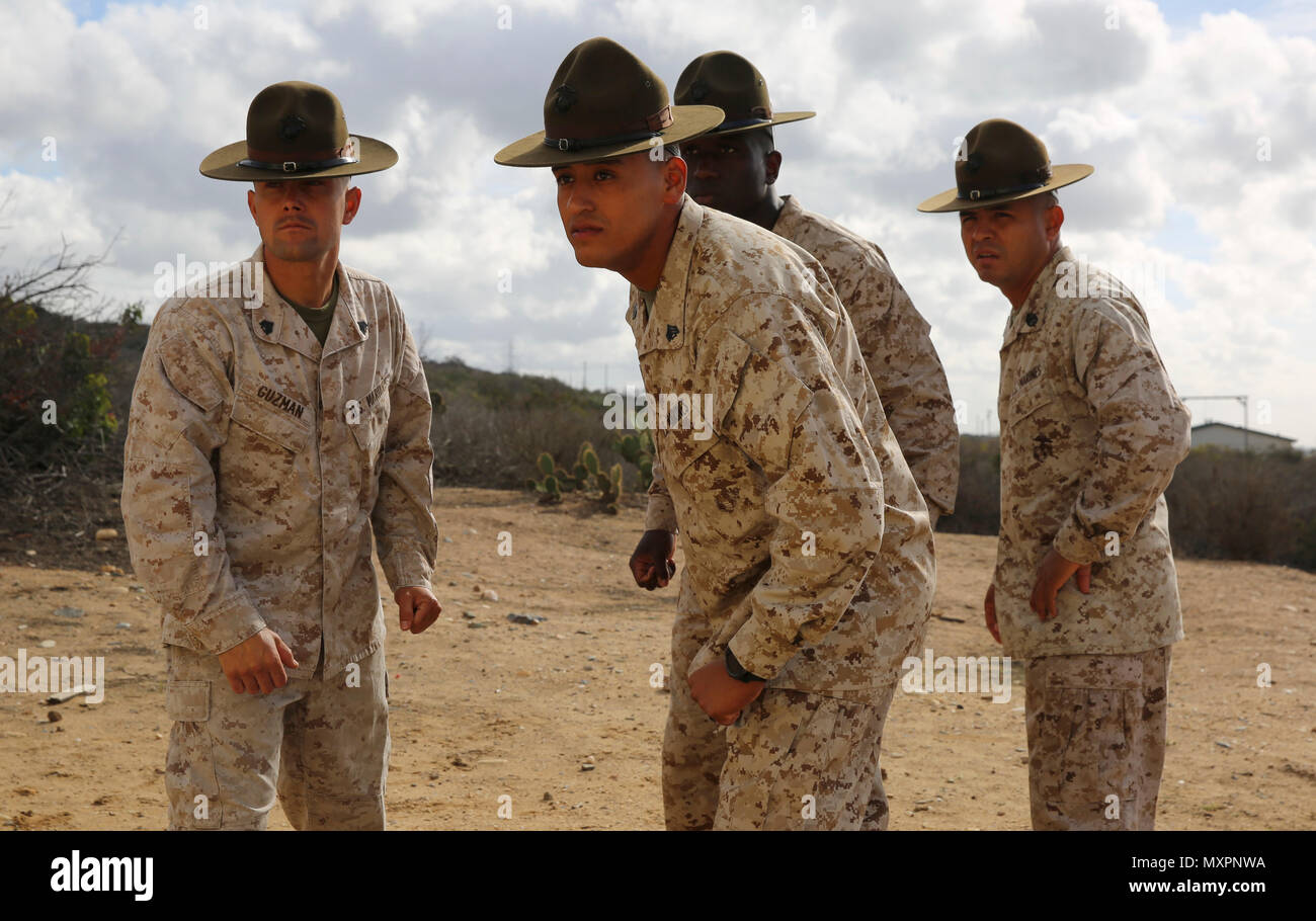 Drill instructors from Golf Company, 2nd Recruit Training Battalion, prepare to enter the Confidence Chamber at Marine Corps Base Camp Pendleton, Calif., Nov. 28.  Drill Instructors were stationed throughout the exercise to ensure maximum safety and correct execution with gas masks. Annually, more than 17,000 males recruited from the Western Recruiting Region are trained at MCRD San Diego. Golf Company is scheduled to graduate Dec. 9. Stock Photo