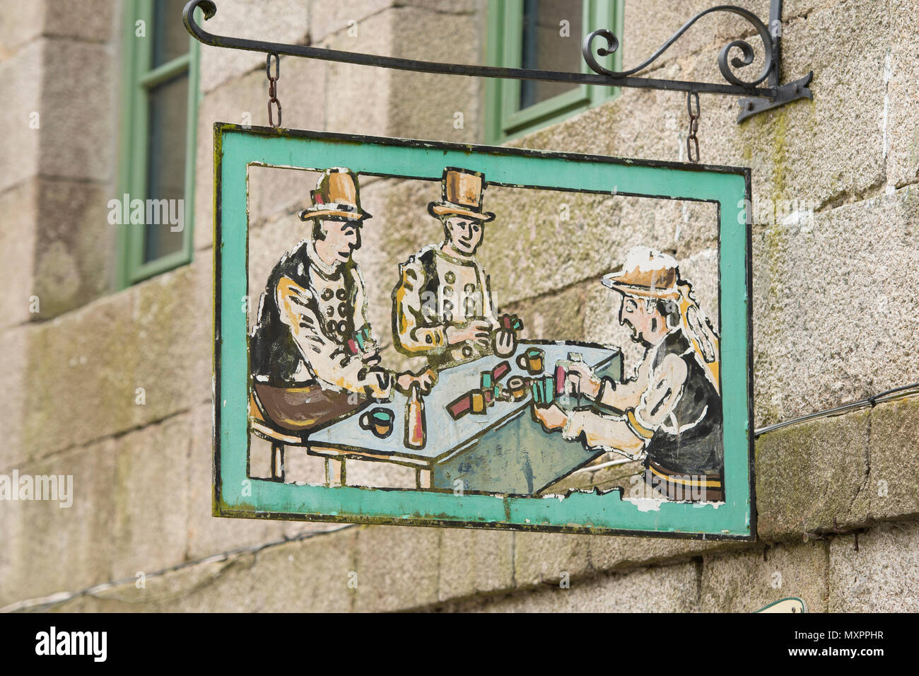 Bar sign in Moncontour, Côtes-d'Armor, Brittany, France. Stock Photo
