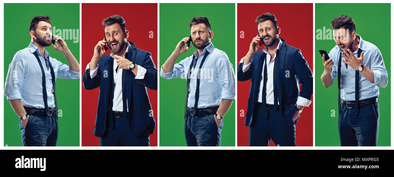 Photos of elegant man using smartphone with various emotions. Stock Photo