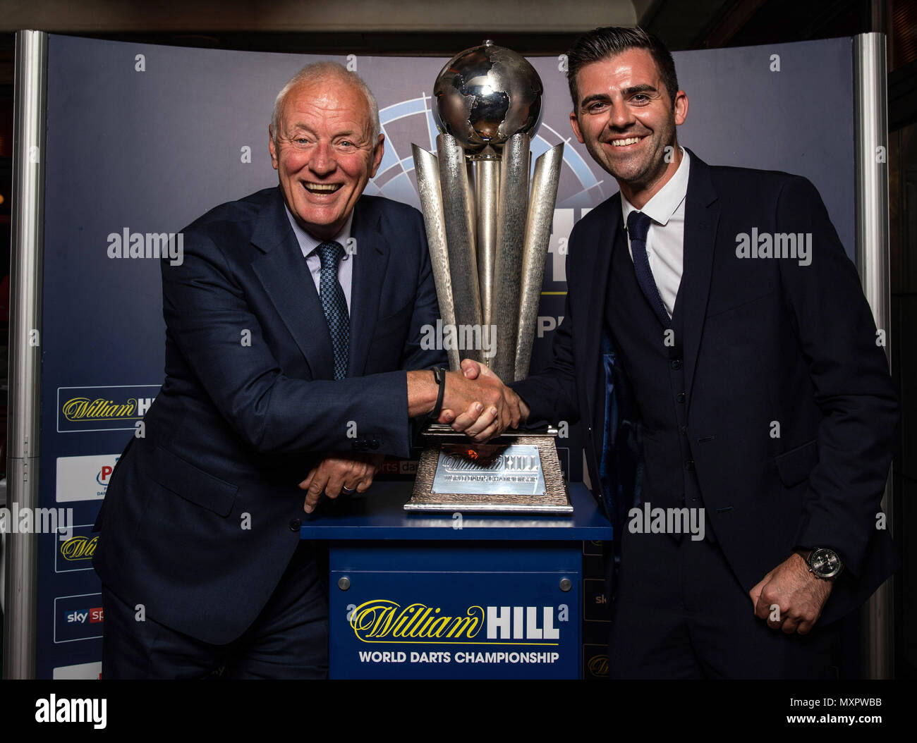 Chairman of Matchroom Sport Barry Hearn (left) and William Hill head of sponsorship and retail marketing Liam McKee pose during the photocall at Smith & Wollensky Restaurant, London. PRESS ASSOCIATION Photo. Picture date: Monday June 4, 2018. See PA story DARTS London. Photo credit should read: Steven Paston/PA Wire Stock Photo