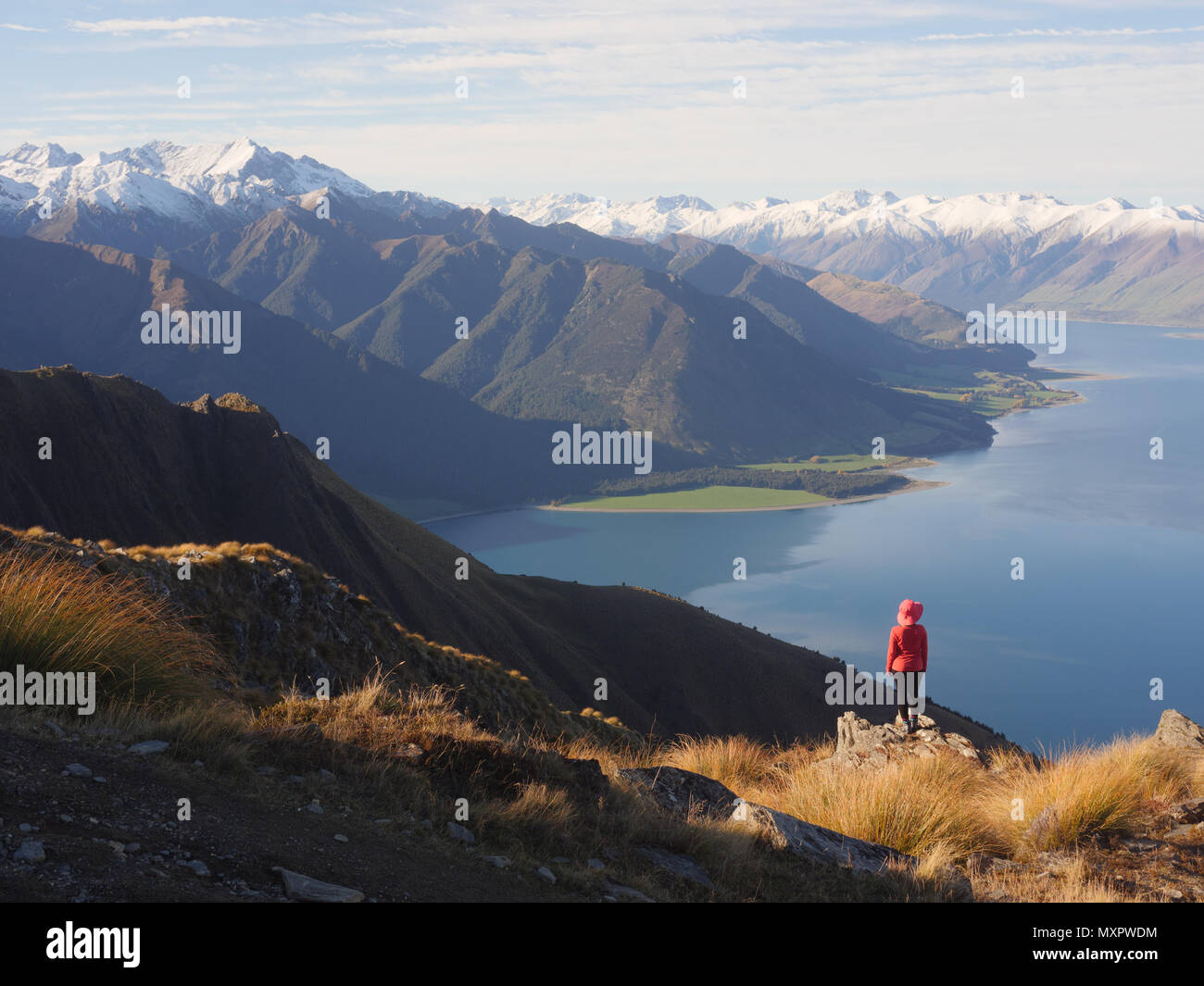 Young woman viewing mountain landscape in New Zealand Isthmus peak Stock Photo