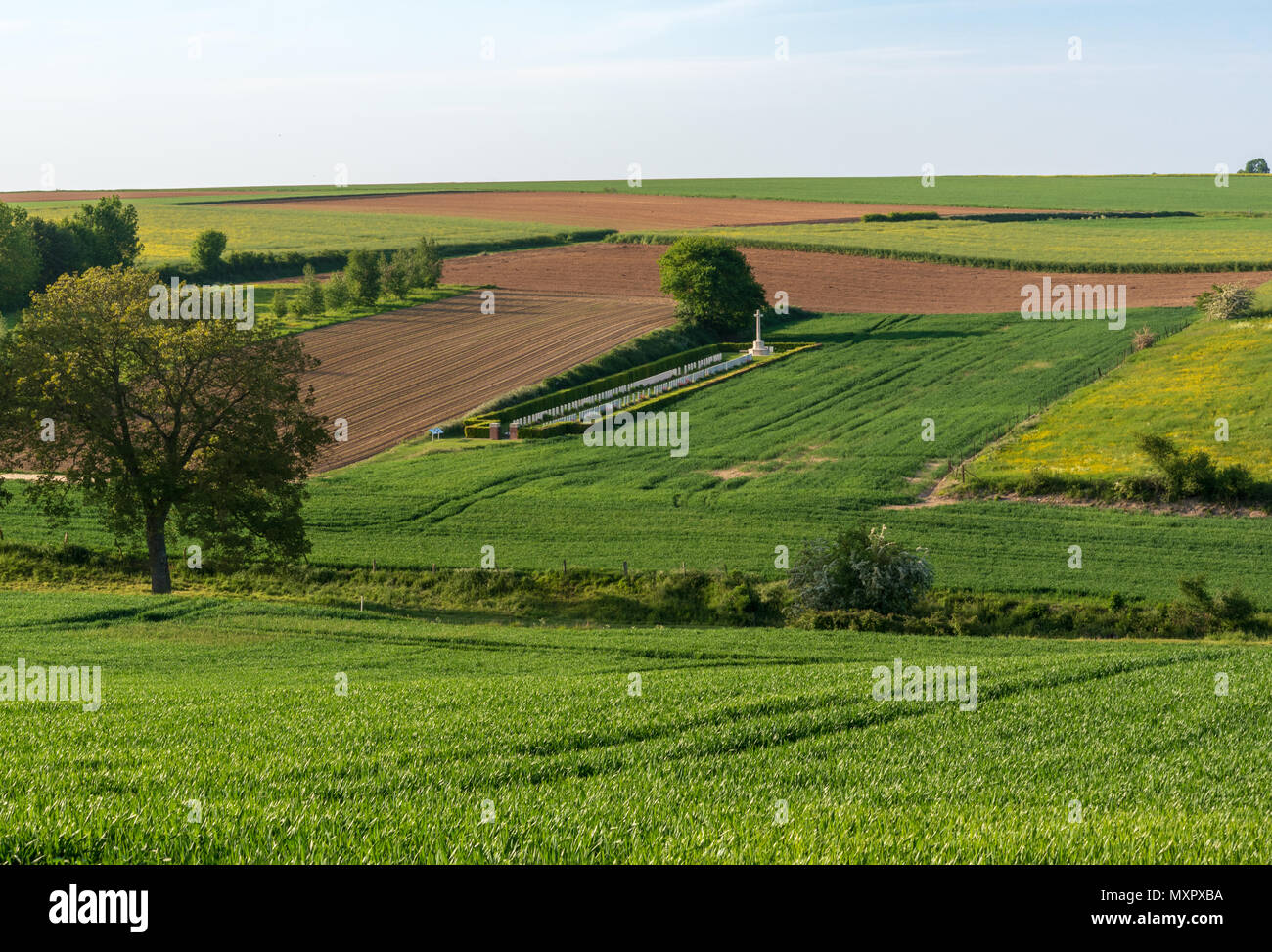 Hawthorn Ridge Somme battlefield with Beaumont-Hamel British Cemetery seen from edge ...