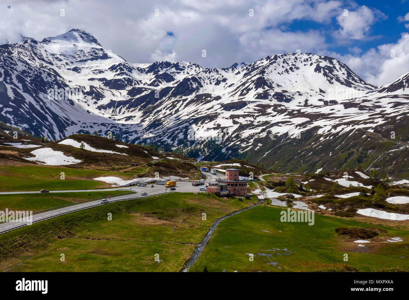 Simplon Pass cafe, in snowy weather in the mountains on the Simplon Pass, between Switzerland and Italy Stock Photo