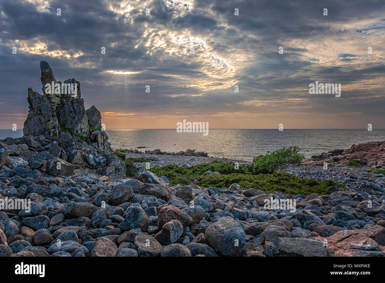 Rocky beach landscape at dusk. Hovs Hallar, Sweden. Stock Photo
