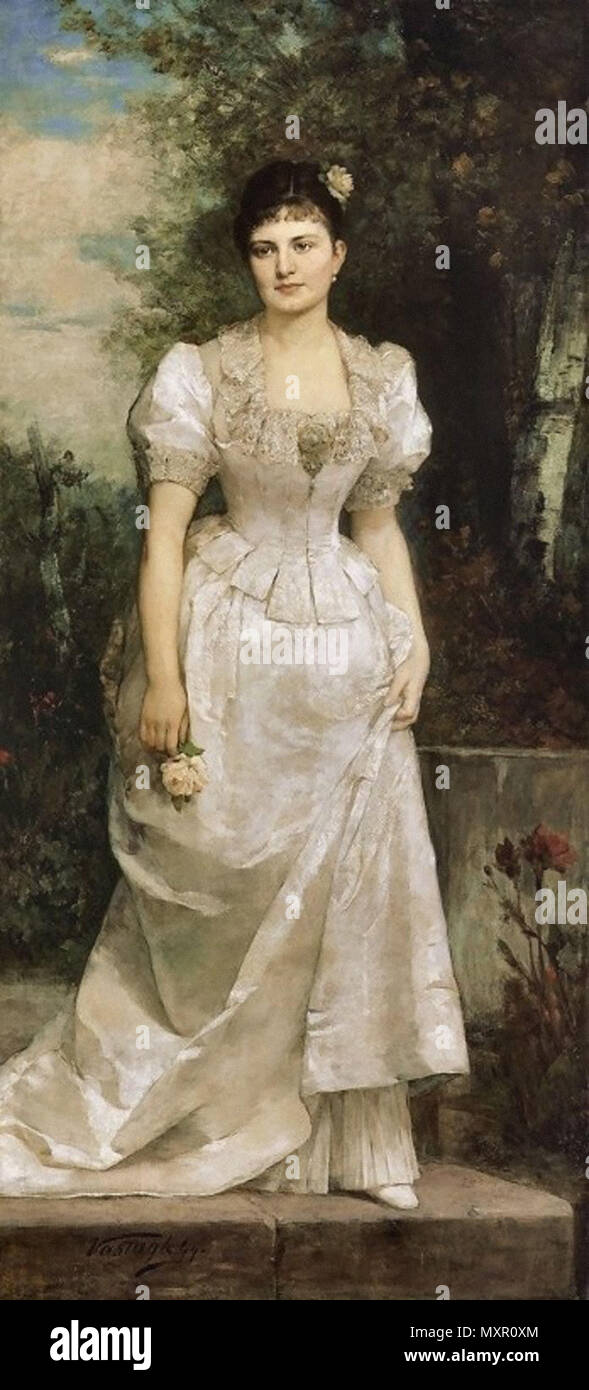 Vastagh György - Lady Dressed in White Holding a Flower Stock Photo