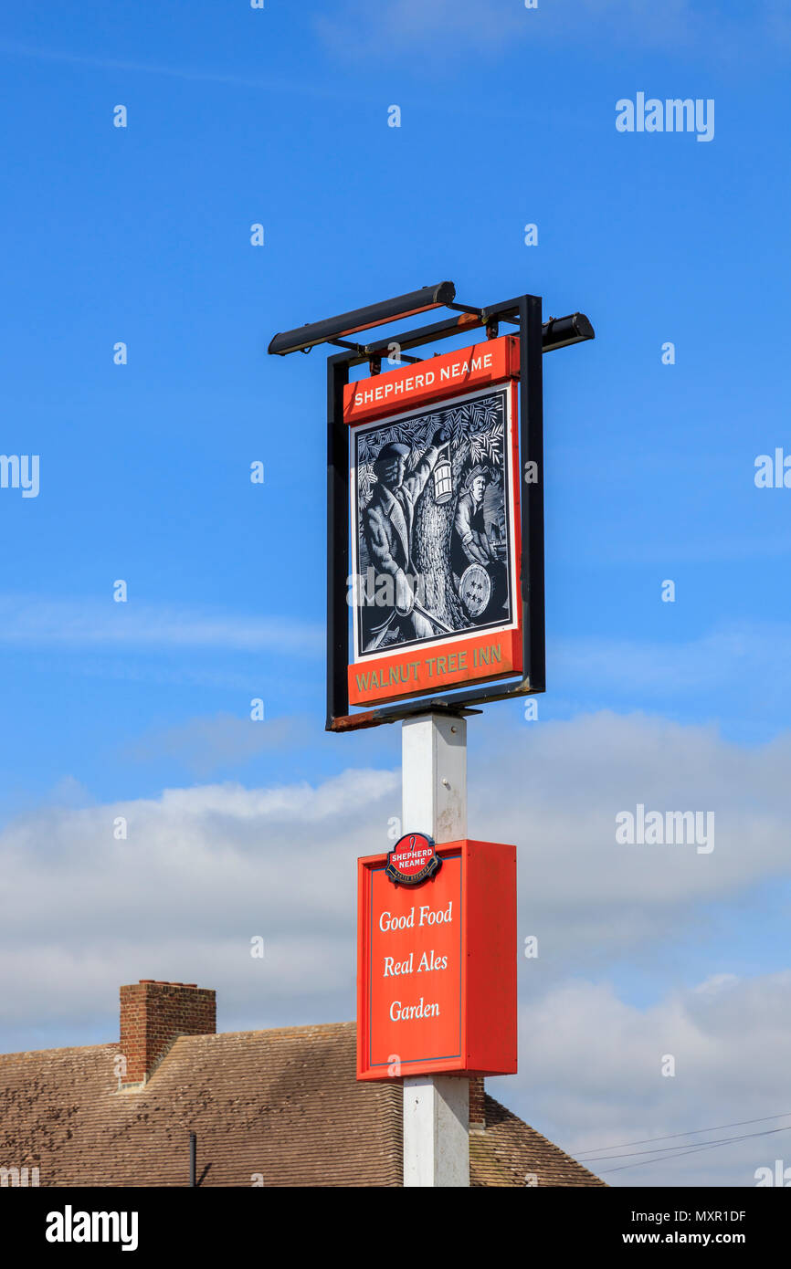The Walnut Tree pub sign,  a Shepherd Neame pub in Aldington, Kent, UK Stock Photo